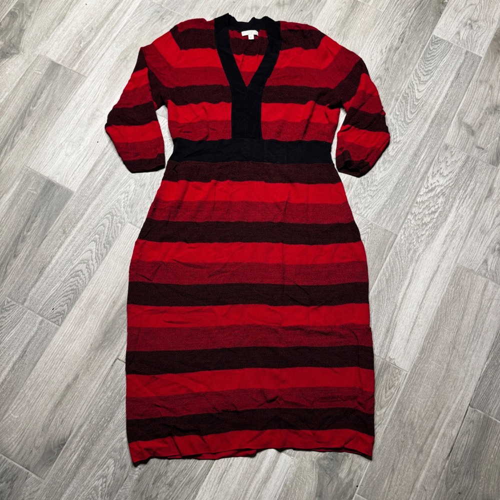 Eva Mendes New York & Company Red Striped V-Neck Knit Sweater Dress XXL Womens